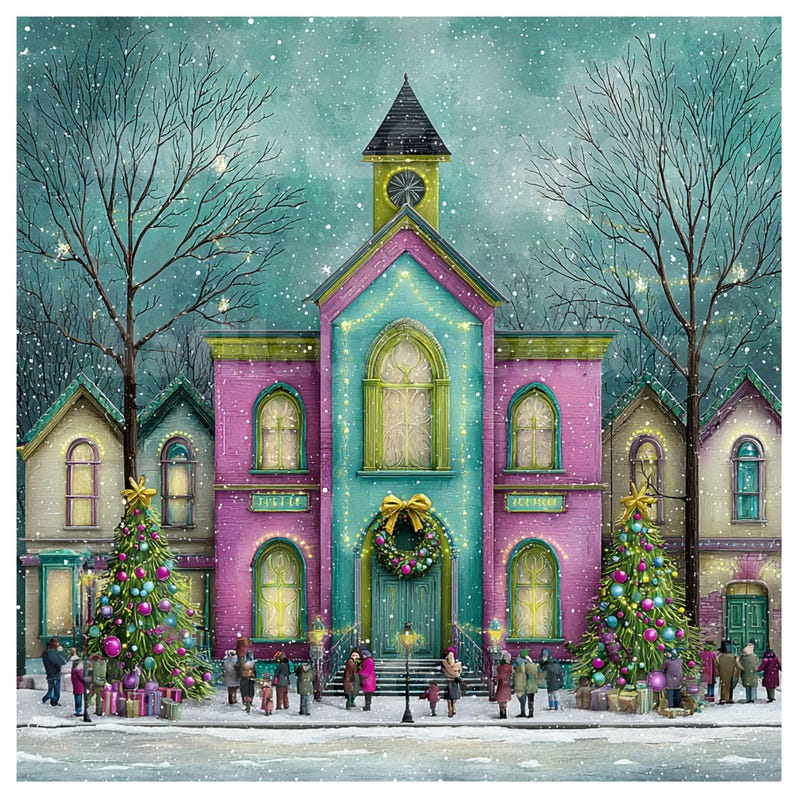 May include: A watercolor painting of a festive Christmas scene. A teal and pink building with a clock tower is the focal point, adorned with a wreath and string lights. Christmas trees and people are in front of the building, with snow falling.