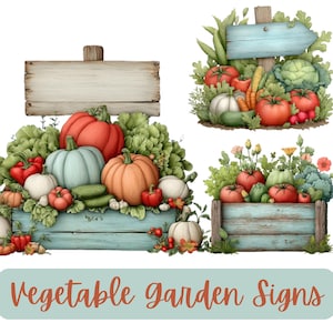 Puede incluir: Ilustraciones de acuarela de letreros de huertos. Los letreros presentan cajas de madera rebosantes de productos coloridos como calabazas, tomates y calabacines. Un letrero tiene una tabla de madera en blanco y otro una flecha azul. El texto "Vegetable Garden Signs" está en la parte inferior.