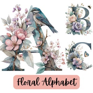 May include: Watercolor floral alphabet letters A, B, and C. Letter A features a blue bird perched on a branch, surrounded by pink and purple flowers. Letter B has roses and a bee. Letter C has a butterfly. Text reads "Floral Alphabet".