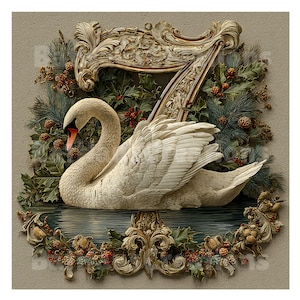 May include: A detailed illustration of a white swan with an orange beak, set against a backdrop of a decorative frame and foliage. The swan is positioned on a water surface, surrounded by a wreath of greenery, berries, and ornate gold accents.
