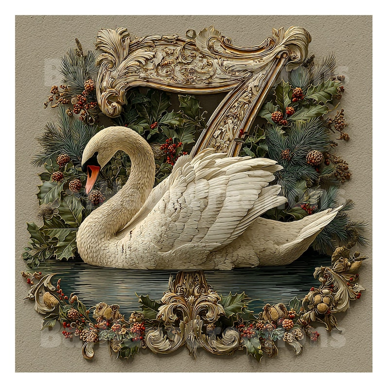 May include: A detailed illustration of a white swan with an orange beak, set against a backdrop of a decorative frame and foliage. The swan is positioned on a water surface, surrounded by a wreath of greenery, berries, and ornate gold accents.