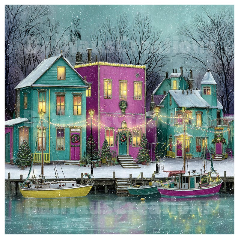 May include: A winter scene depicts colorful houses along a snowy waterfront, adorned with Christmas lights and wreaths. Boats are docked in the water, with a yellow, green, and pink boat. The houses are teal and magenta.
