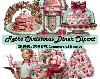 Puede incluir: Ilustración digital con temática de restaurante retro navideño. La imagen incluye una gramola, panqueques, un pastel bajo una cúpula de cristal, una camarera, Papá Noel y un árbol de Navidad. Se muestra el texto "Retro Christmas Diner Clipart".