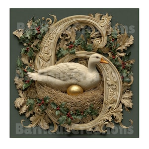 May include: A decorative artwork featuring a white duck in a nest with a golden egg, set within a gold-colored ornate frame. The frame is adorned with green holly and red berries, set against a dark green background.