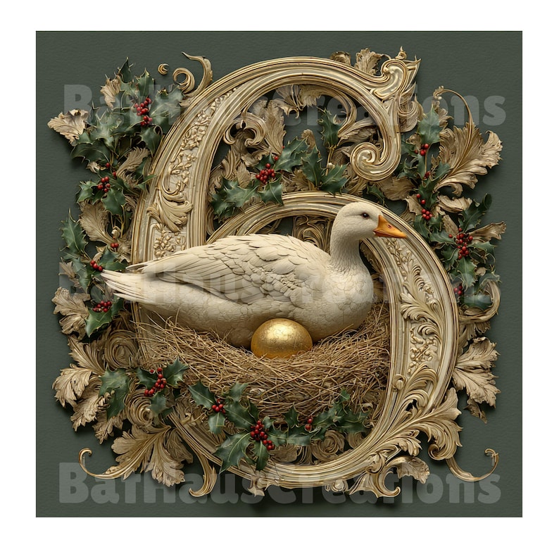 May include: A decorative artwork featuring a white duck in a nest with a golden egg, set within a gold-colored ornate frame. The frame is adorned with green holly and red berries, set against a dark green background.