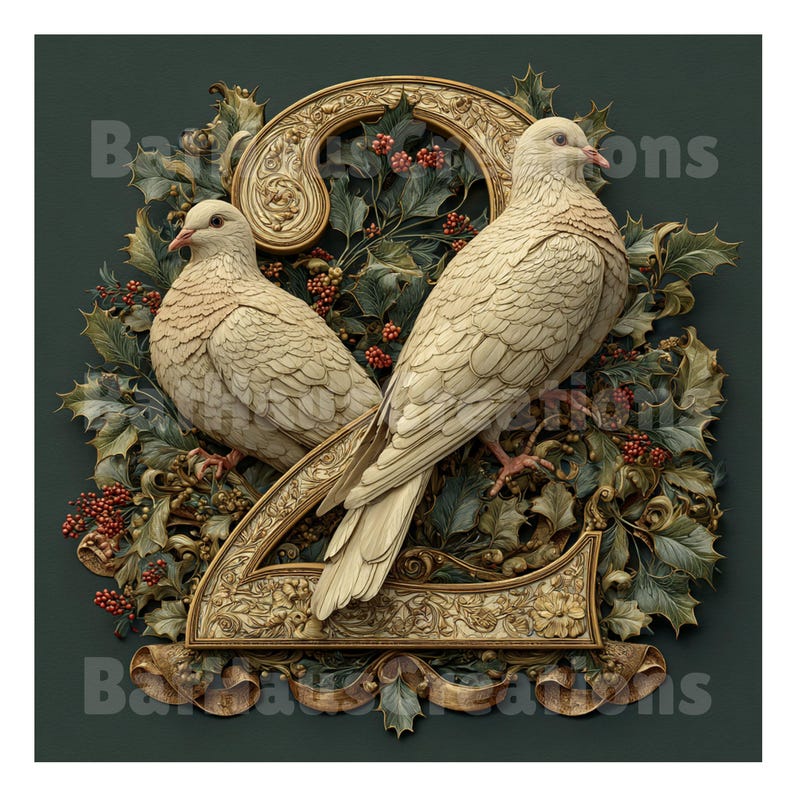 May include: An ornate, ivory-colored illustration features two doves perched on a decorative gold-toned numeral "2". The birds are surrounded by holly leaves and red berries, with a dark green background. The design has a vintage, textured appearance.