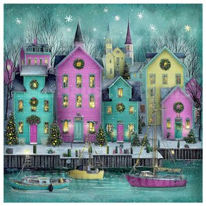 May include: A watercolor painting of a snowy harbor scene with colorful buildings and boats. The buildings are painted in shades of pink, teal, and yellow, decorated with wreaths and Christmas trees. Boats with lights are in the water, and snowflakes fall from the sky.