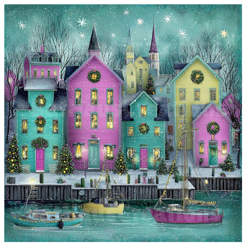 May include: A watercolor painting of a snowy harbor scene with colorful buildings and boats. The buildings are painted in shades of pink, teal, and yellow, decorated with wreaths and Christmas trees. Boats with lights are in the water, and snowflakes fall from the sky.