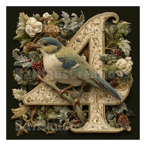 May include: An ornate illustration features a bird perched on a branch in front of a large, decorative letter "A". The bird has blue, green, and white feathers. The letter is cream-colored with gold accents, surrounded by flowers, berries, and foliage.