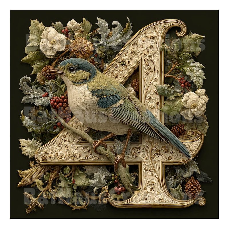 May include: An ornate illustration features a bird perched on a branch in front of a large, decorative letter "A". The bird has blue, green, and white feathers. The letter is cream-colored with gold accents, surrounded by flowers, berries, and foliage.