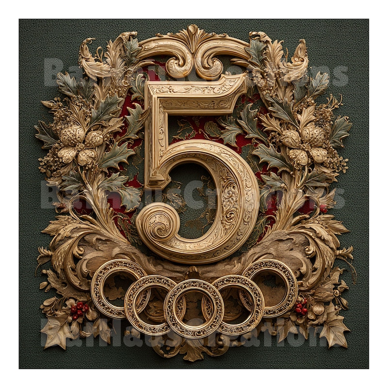 May include: Ornate gold number 5, surrounded by a decorative wreath of flowers and foliage. The design includes interlocking circles at the base, all set against a dark green textured background.