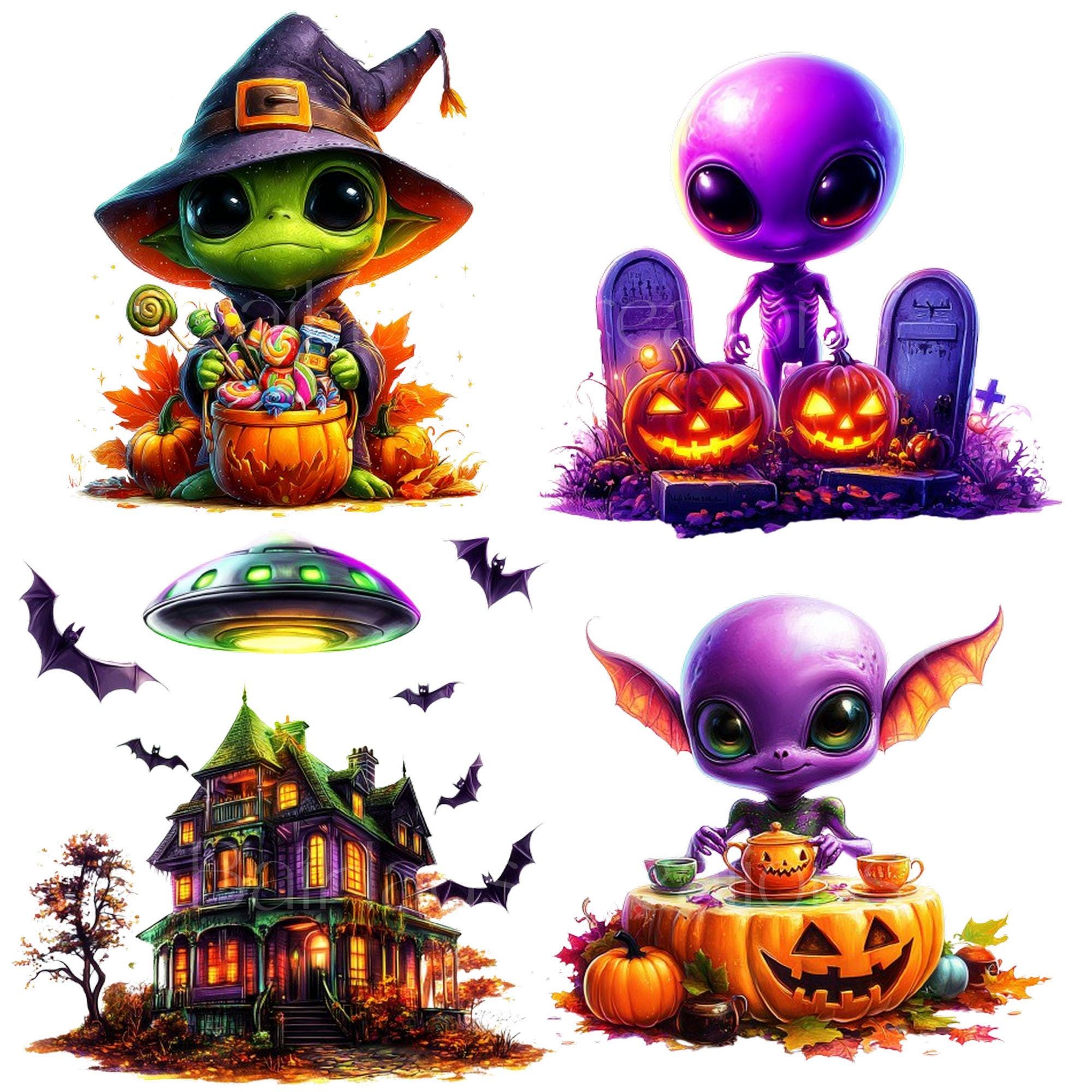 Halloween Alien Clipart Bundle, 20 Cute Spooky Alien Pngs With Pumpkin ...