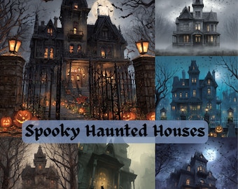 Puede incluir: Un collage de casas embrujadas espeluznantes, cada una con un diseño único. Las imágenes presentan arquitectura gótica oscura, ventanas iluminadas y decoraciones de Halloween como calabazas talladas. El texto "Spooky Haunted Houses" está en la parte inferior.