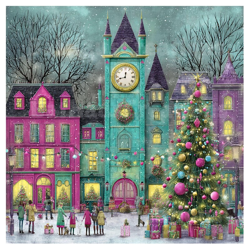 May include: A colorful Christmas scene depicts a town square with buildings in shades of pink, teal, and purple. A large clock tower and a decorated Christmas tree are central features. People are gathered, and gifts are piled up, creating a festive atmosphere.