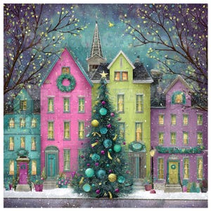 May include: A colorful Christmas scene depicts a row of houses in shades of teal, pink, green, and purple. A decorated Christmas tree stands in front of the houses, adorned with ornaments. Snow falls gently, and the scene is illuminated by streetlights.