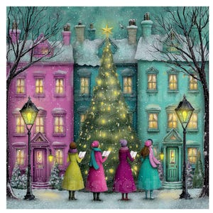 May include: A winter scene depicts carolers in front of colorful houses and a decorated Christmas tree. The houses are painted in shades of pink and teal, with snow-covered roofs. The carolers wear coats in various colors, singing from songbooks, with a star on top of the tree.