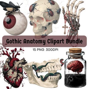 May include: A digital clipart bundle featuring gothic anatomy elements. The image includes a skull with beetles, a human eye with a moth, a skeletal hand with a rosary, a heart, a jaw with snakes, and a brain in a jar. The text reads "Gothic Anatomy Clipart Bundle".