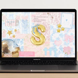 May include: Laptop screen displaying a collage with a gold letter "S" balloon, gold stars, a disco ball, and text. The background features floral and bow patterns in pink and blue, with additional text and a playing card.