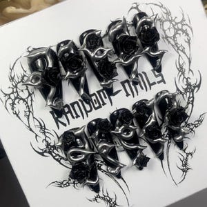 Black Gothic False Nails, Black Nail Press 3D Flowers, Eternal Black roses Nails, Vampire False Nails