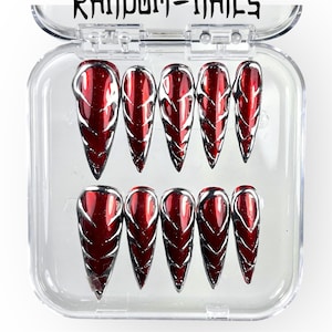Red nails,Mirror effect,Gothic nails,Blood press, gothic nails red vampire with black,red press,Silver nails
