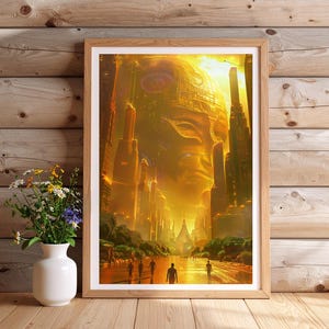 May include: A framed digital art print depicting a futuristic cityscape bathed in golden light. Tall, slender buildings rise towards a massive, detailed structure in the sky. Silhouetted figures walk along a path, adding scale to the scene. The artwork is displayed on a wooden surface.