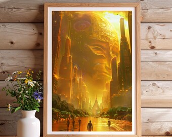 Afrofuturist Utopian Cityscape | Futuristic African Digital Wall Art | Golden Sun Sci-Fi Print Download
