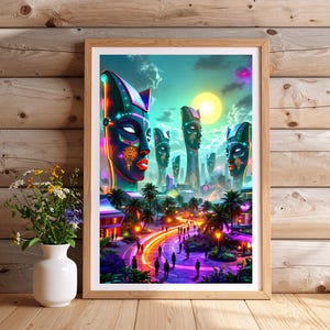 May include: A framed art print featuring a vibrant, futuristic cityscape with stylized figures. The artwork showcases a colorful, neon-lit environment with palm trees, pathways, and a large sun. The figures have a mask-like appearance.