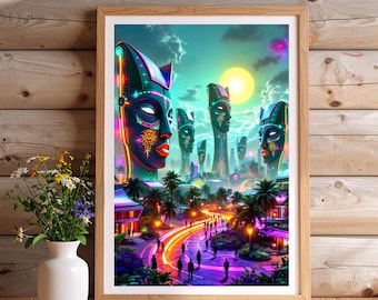 Afrofuturist Utopian Cityscape | Futuristic African Digital Wall Art | Golden Sun Sci-Fi Print Download