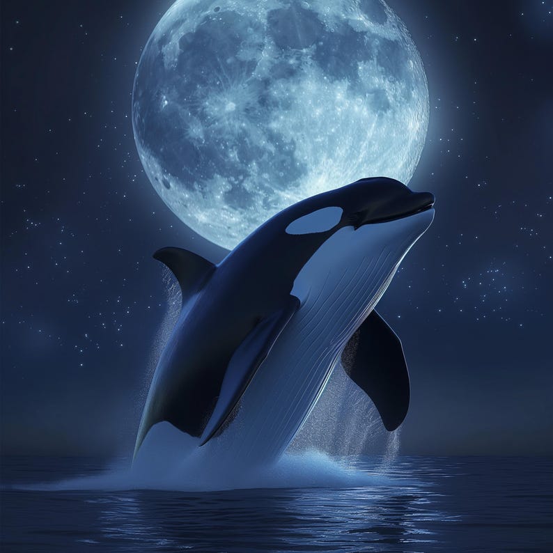 Moonlit Leap – Printable Art of a Killer Whale Under a Full Moon | 300 ...