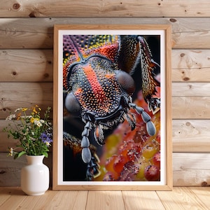Könnte beinhalten: Gerahmte Makrofotografie eines farbenfrohen Käfers. Der Kopf des Insekts ist scharf fokussiert und zeigt komplizierte Details und lebendige Farbtöne von Rot, Orange und Schwarz. Das Kunstwerk wird auf einer Holzoberfläche präsentiert.