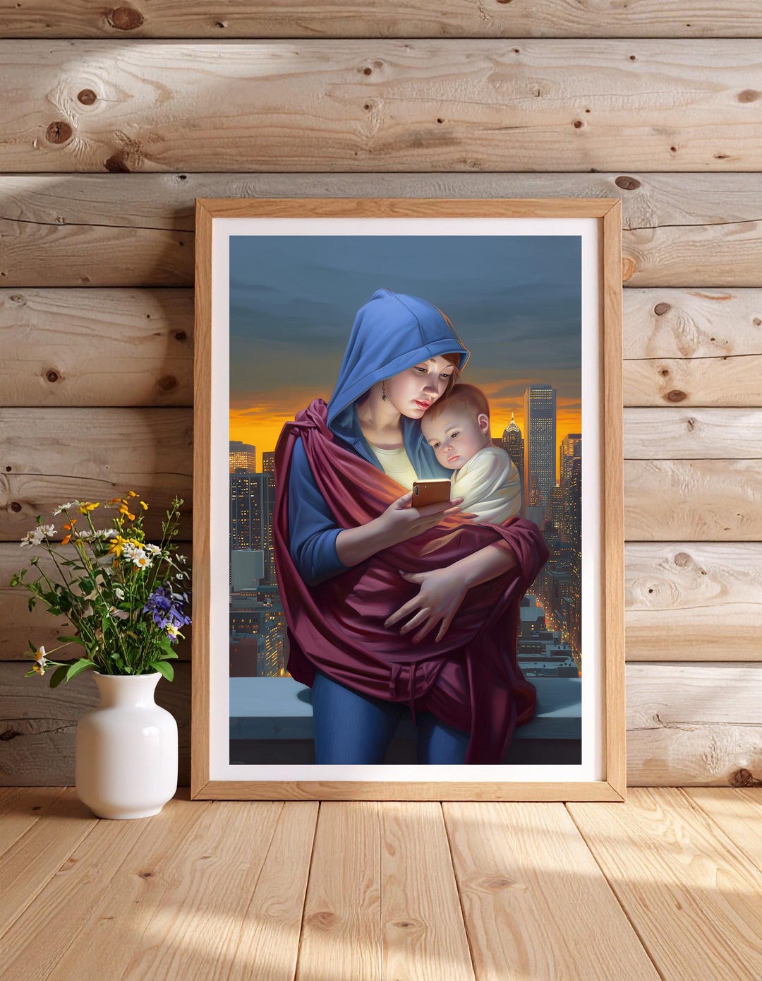 Modern Madonna and Child Art Print: Renaissance Style Rooftop Scene ...