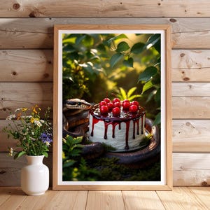 May include: A framed print featuring a white cake with red cherry topping and chocolate dripping, surrounded by a large snake. The artwork is set in a lush green environment with a wooden frame and background.