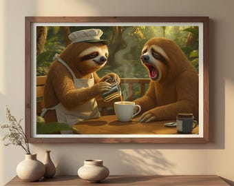 ナマケモノのコーヒーアートプリント：愉快な朝の儀式（デジタルダウンロード）