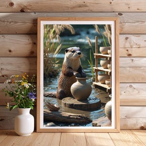 May include: A framed print featuring an otter standing in water, holding a ceramic vase. The otter is brown and white, with a wet appearance. The background includes water, reeds, and a small wooden shelf with pottery. A white vase with flowers is in the foreground.