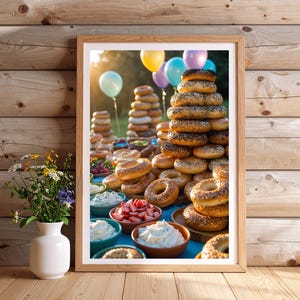 Bagel Celebration Poster | Festive Food Illustration with Rainbow Cream Cheese | Colorful Breakfast Art | Digital Download