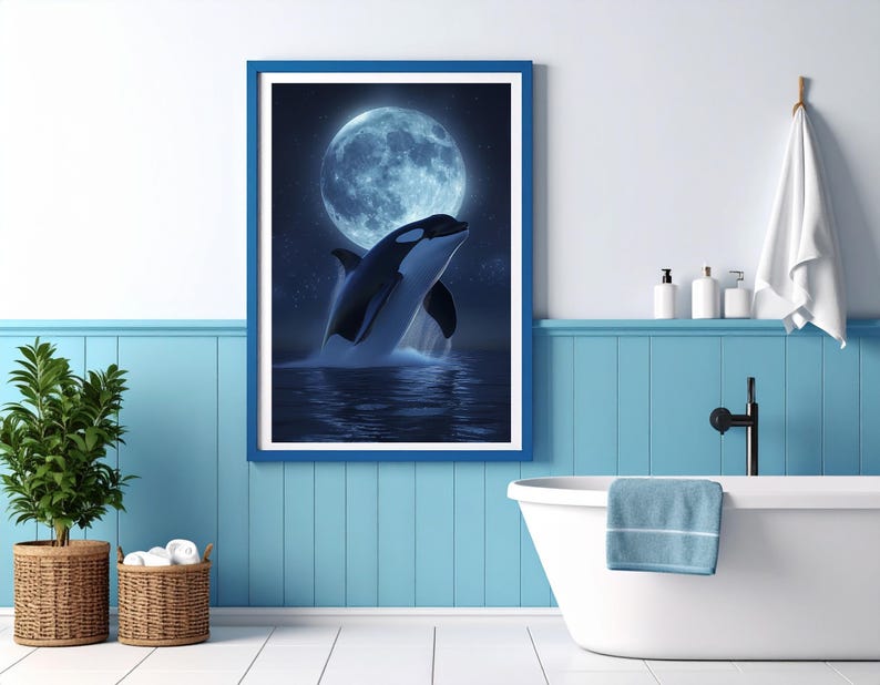 Moonlit Leap – Printable Art of a Killer Whale Under a Full Moon | 300 ...