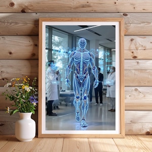 May include: A framed print featuring a futuristic, glowing blue human figure, set against a medical environment. The artwork is displayed on a wooden surface, with a white vase of flowers to the left.
