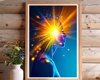 May include: A framed digital art print featuring a profile of a person with a radiant burst of light emanating from their head. The artwork uses a palette of blues, oranges, and yellows, creating a striking visual representation of the mind and consciousness.