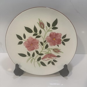 May include: A round, off-white ceramic plate with a floral design. The plate features pink flowers, green leaves, and buds, with a brown rim. The plate is displayed on a black stand.