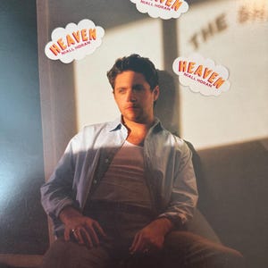 May include: A man in a light blue shirt and brown trousers sits in a chair. Three cloud-shaped stickers with the text "HEAVEN NIALL HORAN" are visible. The image has a warm, natural lighting.