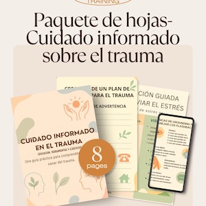 Könnte beinhalten: Eine Sammlung von Informationsblättern zur Traumabehandlung mit dem Text "Therapist in Training" oben. Die Handouts enthalten Anleitungen zu Traumaplänen, Stressbewältigung und Erdungstechniken. Das Set umfasst 8 Seiten.