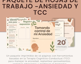 Hojas digitales para la ansiedad, cuaderno de terapia cognitivo conductual, paquete de salud mental imprimible digital para terapeutas