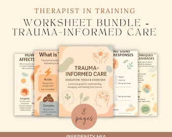 Hojas de trabajo para la atención informada sobre traumas / Paquete de terapia de salud mental en PDF / Herramientas de asesoramiento imprimibles, recursos para terapeutas y clientes / Ansiedad