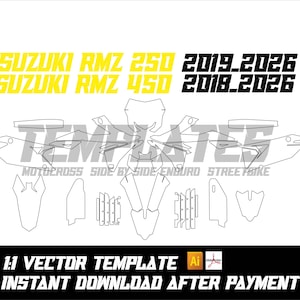 Modelo para Suzuki RMZ250 2019-2026 / Modelo para Suzuki RMZ450 2018-2026 - Gráficos para Motocross RMZ 250 e RMZ 450 - Envelopamento Vetorial - Skin MX - Arquivos .AI e PDF