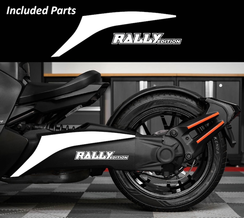 May include: Black and white motorcycle with "RALLY EDITION" text. The motorcycle has a black tire and a white accent stripe. The image also includes the words "Included Parts" in the top left corner.