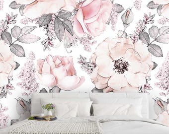 Papel tapiz de flores, despegar y pegar, peonía, acuarela, floral, arte mural de pared, autoadhesivo extraíble, decoración para sala de estar, dormitorio y pared de acento 1305