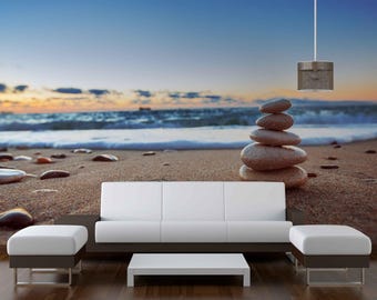 Mural de pared con papel tapiz de playa zen, despegable y adhesivo, arte de pared de equilibrio de piedras extraíble para baño, dormitorio o decoración de spa relajante 1549