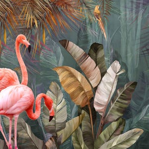 May include: A colourful illustration of a tropical scene featuring two pink flamingos. The background includes lush green foliage, large leaves, and palm fronds in shades of green, brown, and gold. A parrot is perched in the upper right corner.