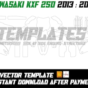 Op de afbeelding: Een zwart-wit vector sjabloon voor een Kawasaki KXF 250 motorfiets, modeljaren 2013-2016. De afbeelding bevat de tekst "KAWASAKI KXF 250 2013: 2016" in groen. De onderkant van de afbeelding luidt "1:1 VECTOR TEMPLATE" en "INSTANT DOWNLOAD AFTER PAYMENT."
