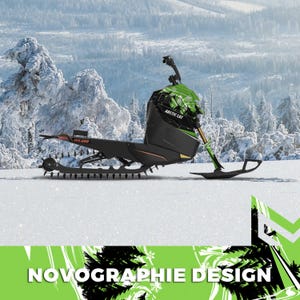 May include: A black and green Arctic Cat snowmobile with the text "WS 250" on the side. The snowmobile has a green and black design and is set against a snowy mountain backdrop. The text "NOVOGRAPHIE DESIGN" is at the bottom.
